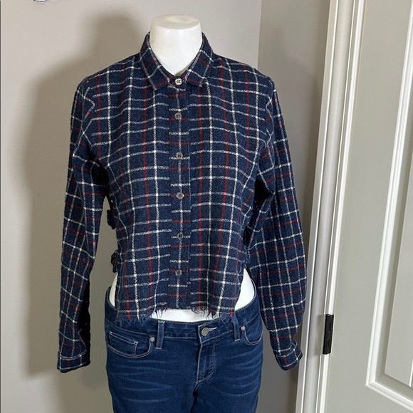 Sea New York Wool Plaid Crop Top Eyelet Lace Back Long Sleeve Navy Blue Sz 2 - Picture 3 of 13